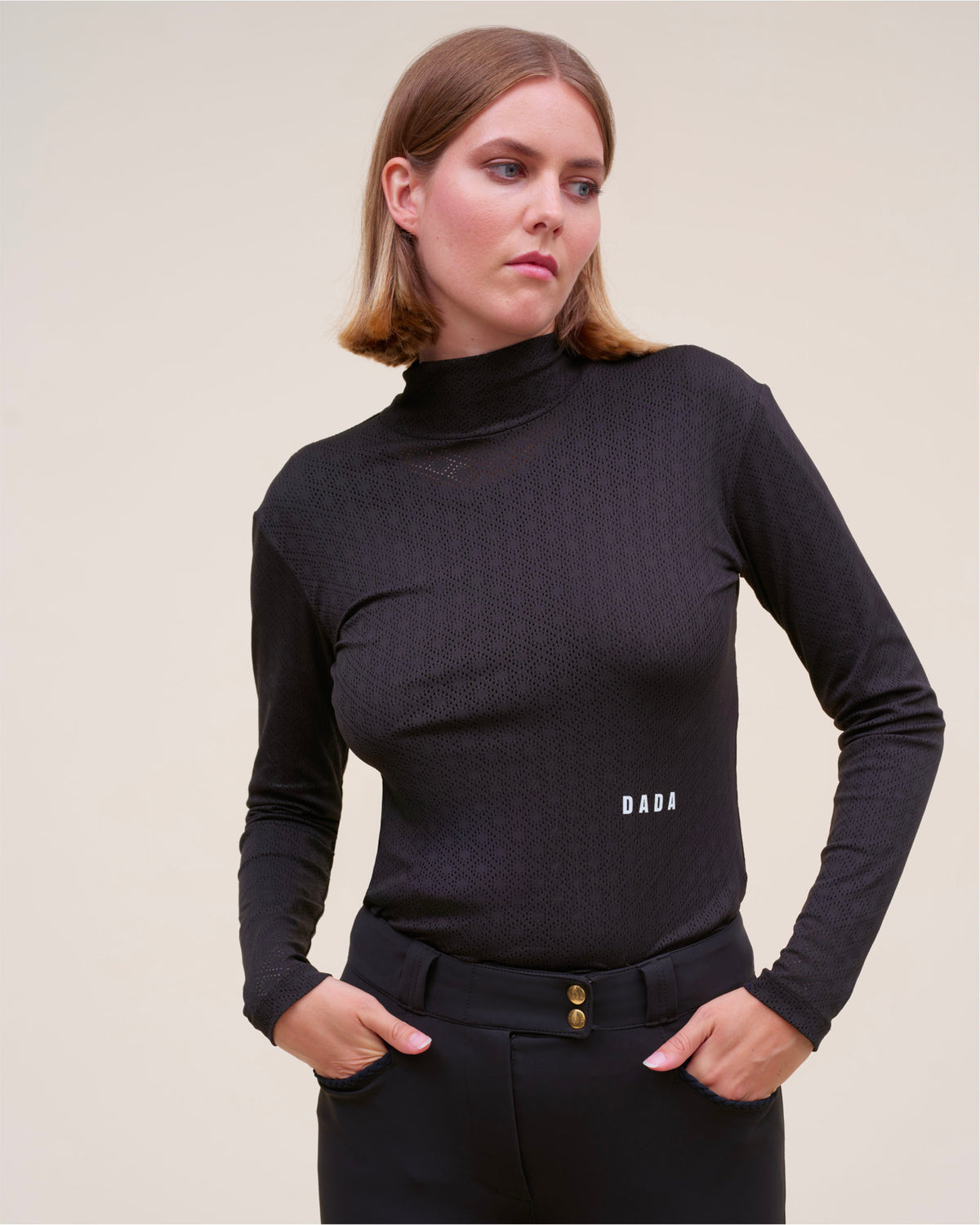 Calder - Black perforated technical equestrian mock-neck T-shirt