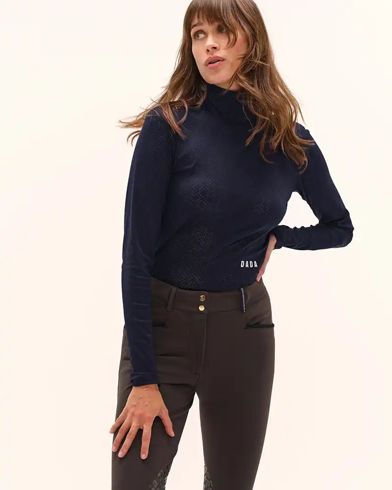 Calder - Navy perforated technical riding mock-neck T-shirt