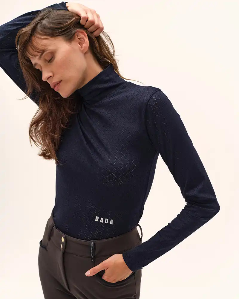 Calder - Navy perforated technical riding mock-neck T-shirt