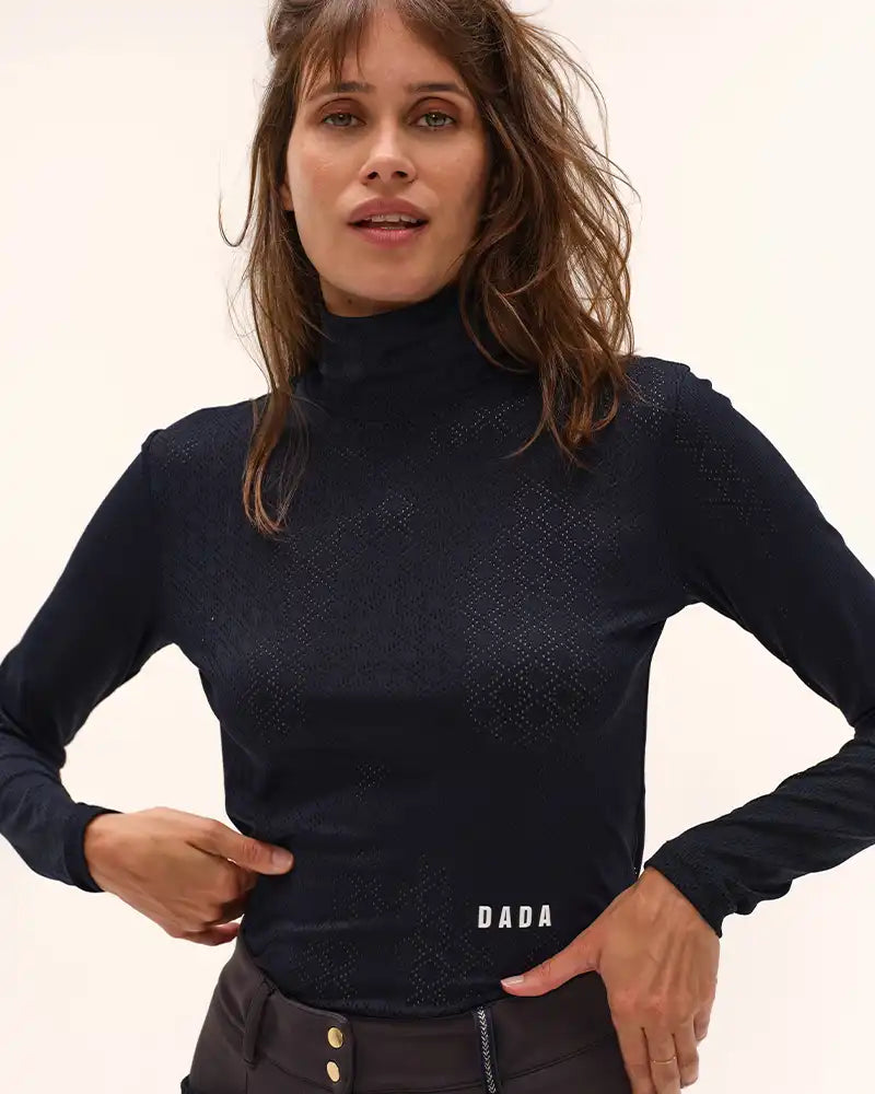 Calder - Navy perforated technical riding mock-neck T-shirt