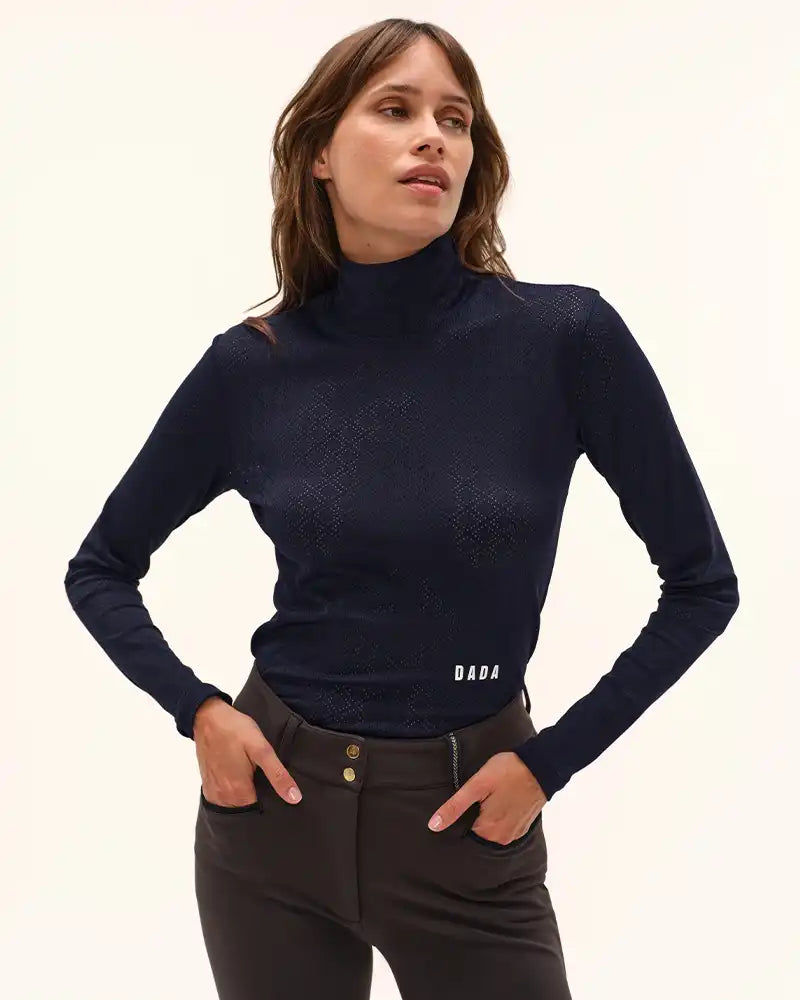 Calder - Navy perforated technical riding mock-neck T-shirt