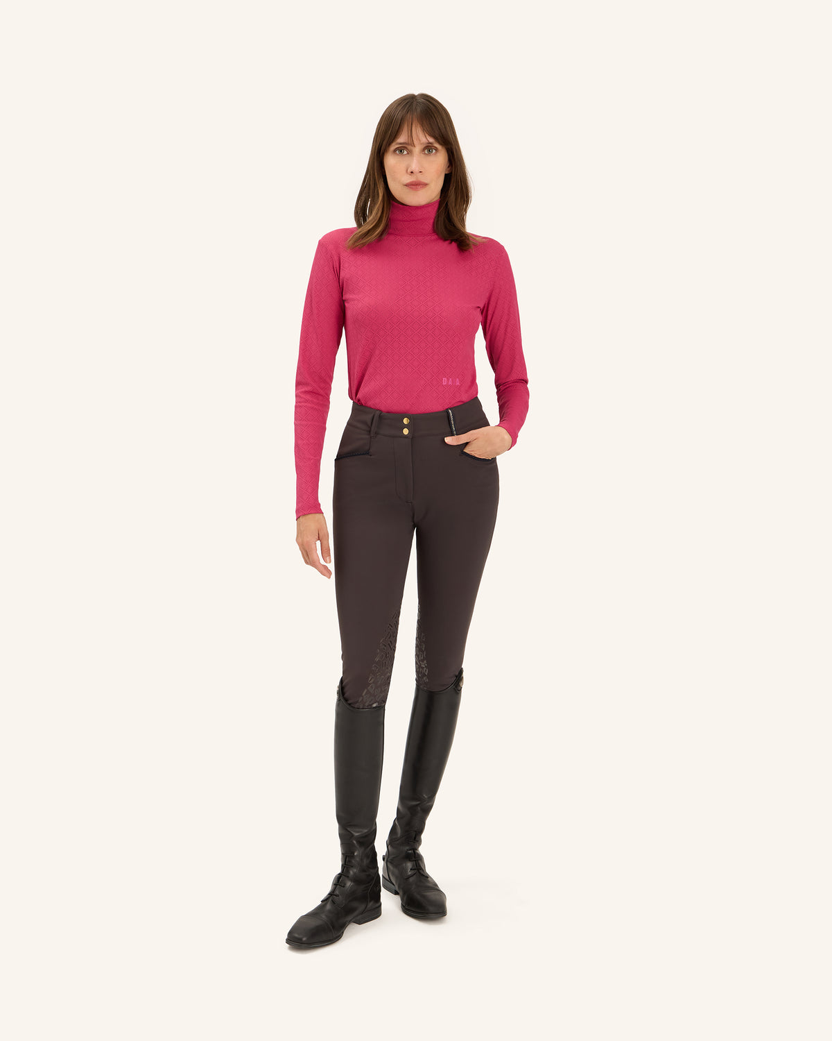 Calder - Raspberry Mock-Neck Perforated Equestrian Performance T-Shirt
