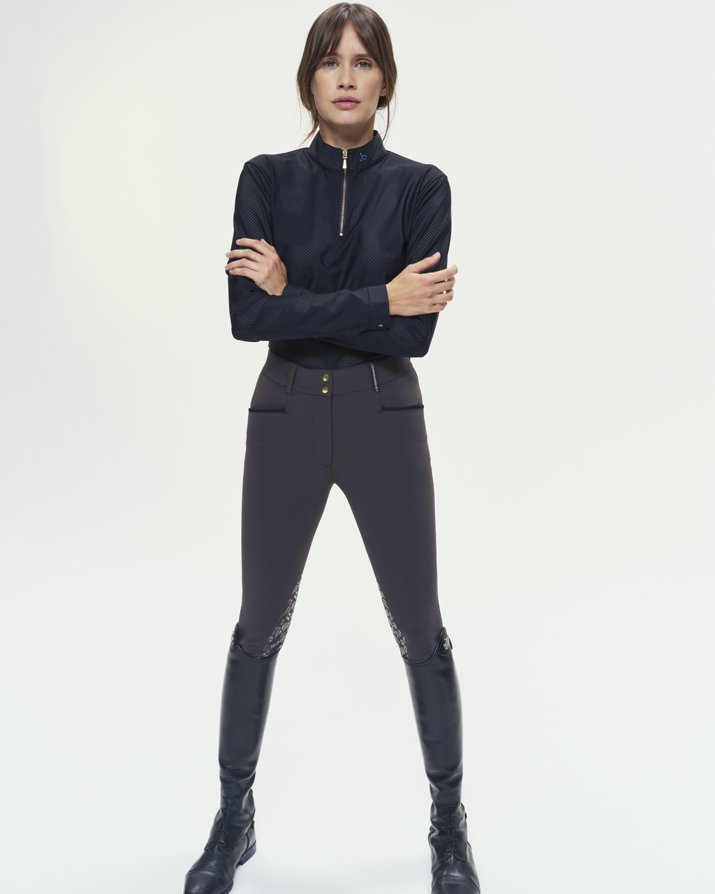 Pablito - Black perforated long-sleeved riding polo shirt