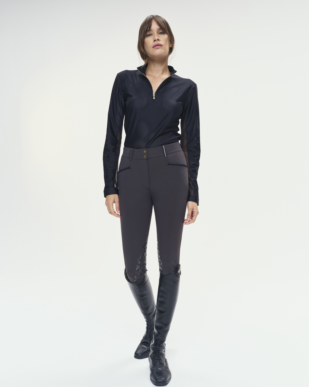 Pablito - Black perforated long-sleeved riding polo shirt