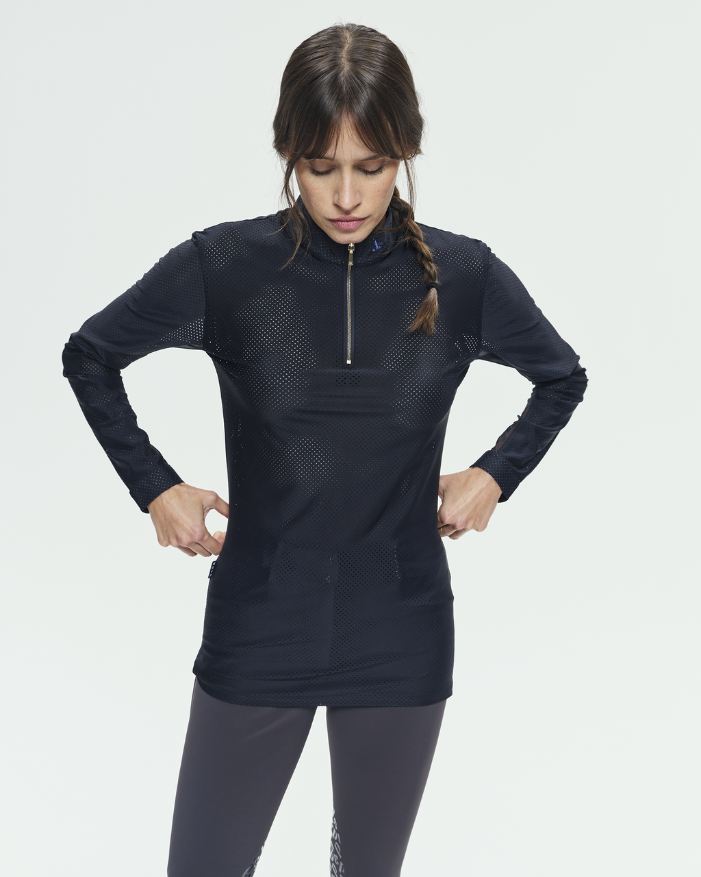 Pablito - Black perforated long-sleeved riding polo shirt